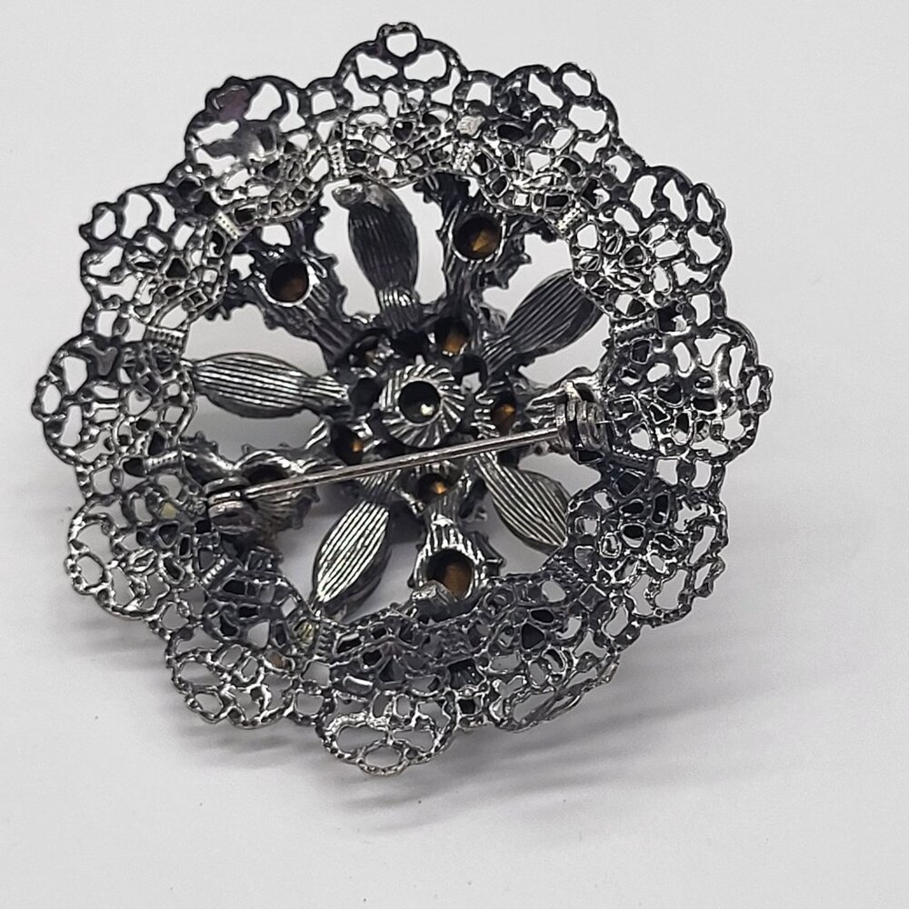 VTG Brooch Silver Tone AB Purple Pink Rhinestones w/ Blue Cabochon Accents *READ - Picture 5 of 8
